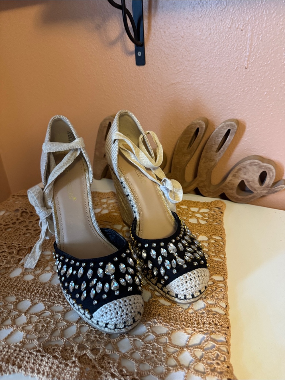 Shoe Dazzle Black & Cream Crystal Espadrille Wedge Heels